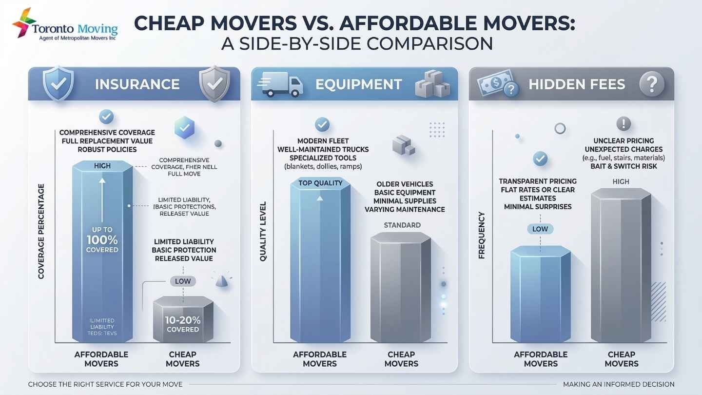 Graph comparing cheap vs affordable Toronto to Mississauga movers, highlighting insurance, equipment, and costs