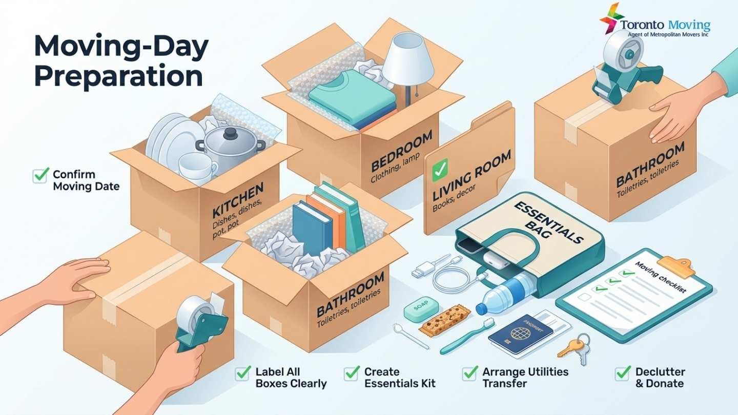 Image showing smart packing techniques for a move from Mississauga to North York, including labeled boxes and essential items bag.