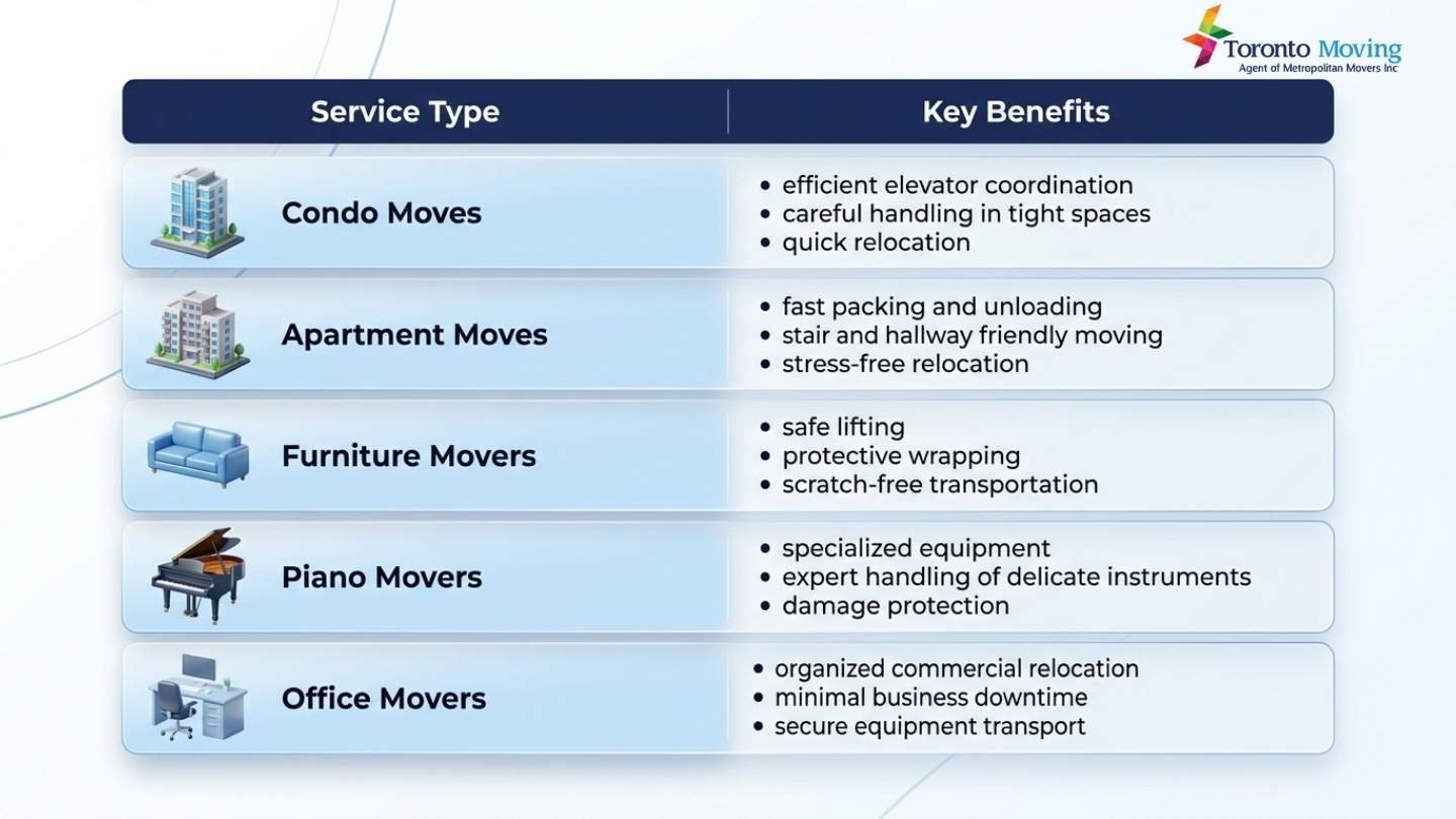 Comparison table showing different Mississauga to North York moving services and their benefits.