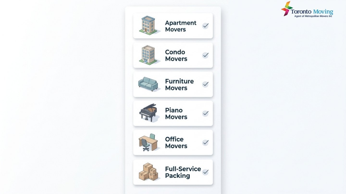 Infographic showing moving services from Toronto to Etobicoke including apartments, condos, offices, furniture, piano, and packing