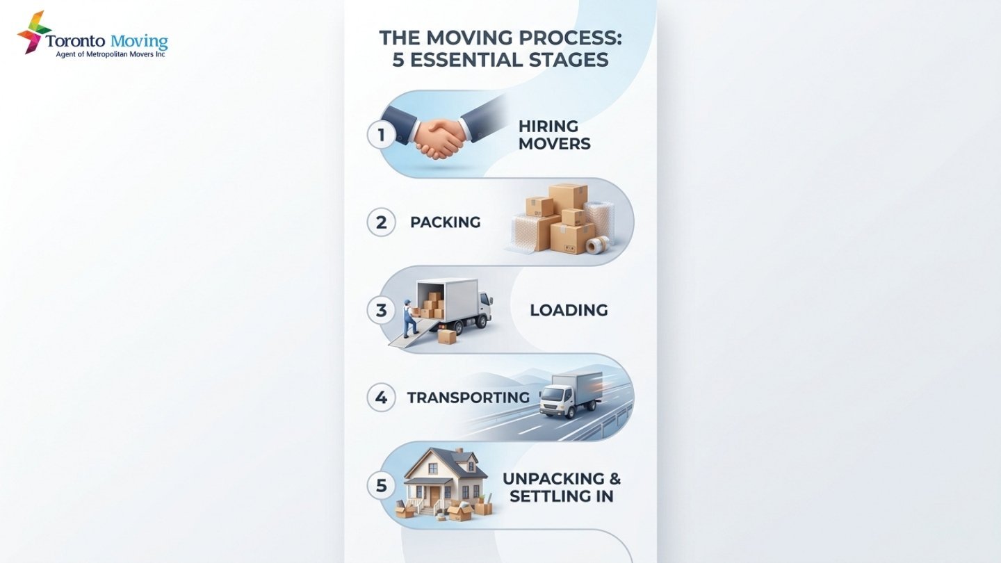 Step-by-step infographic showing Toronto to Mississauga full-service moving process from packing to unpacking