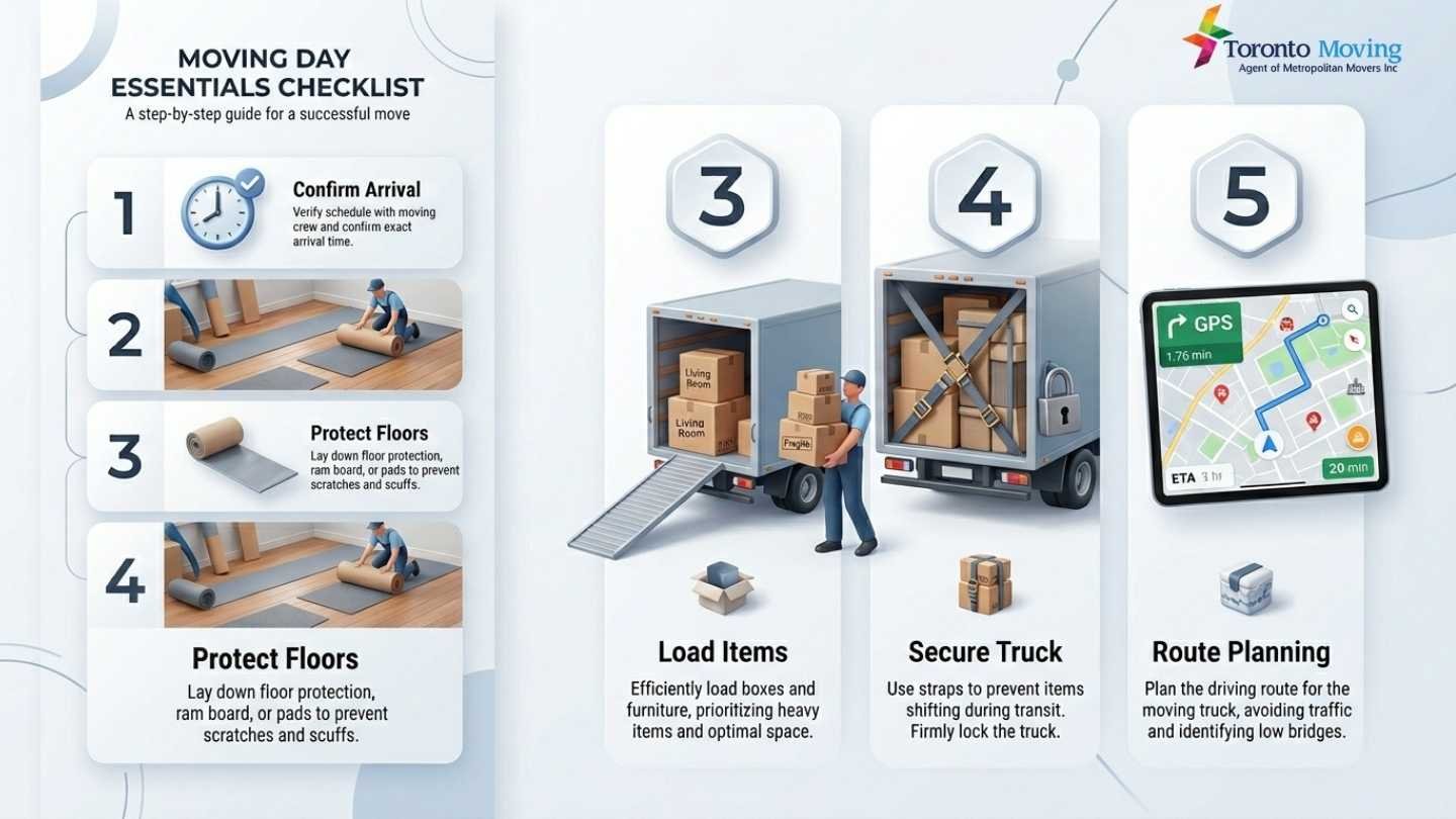 Visual checklist for a smooth Toronto to Mississauga move, showing morning preparations, loading, and route planning