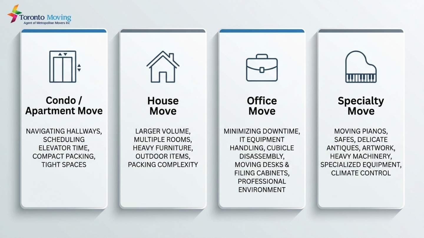 Infographic showing condo, house, office and specialty moving services from Vaughan to Mississauga